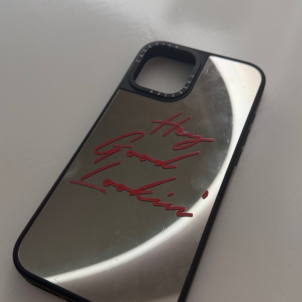 Casetify Silver and Black Phone Case with Red Text